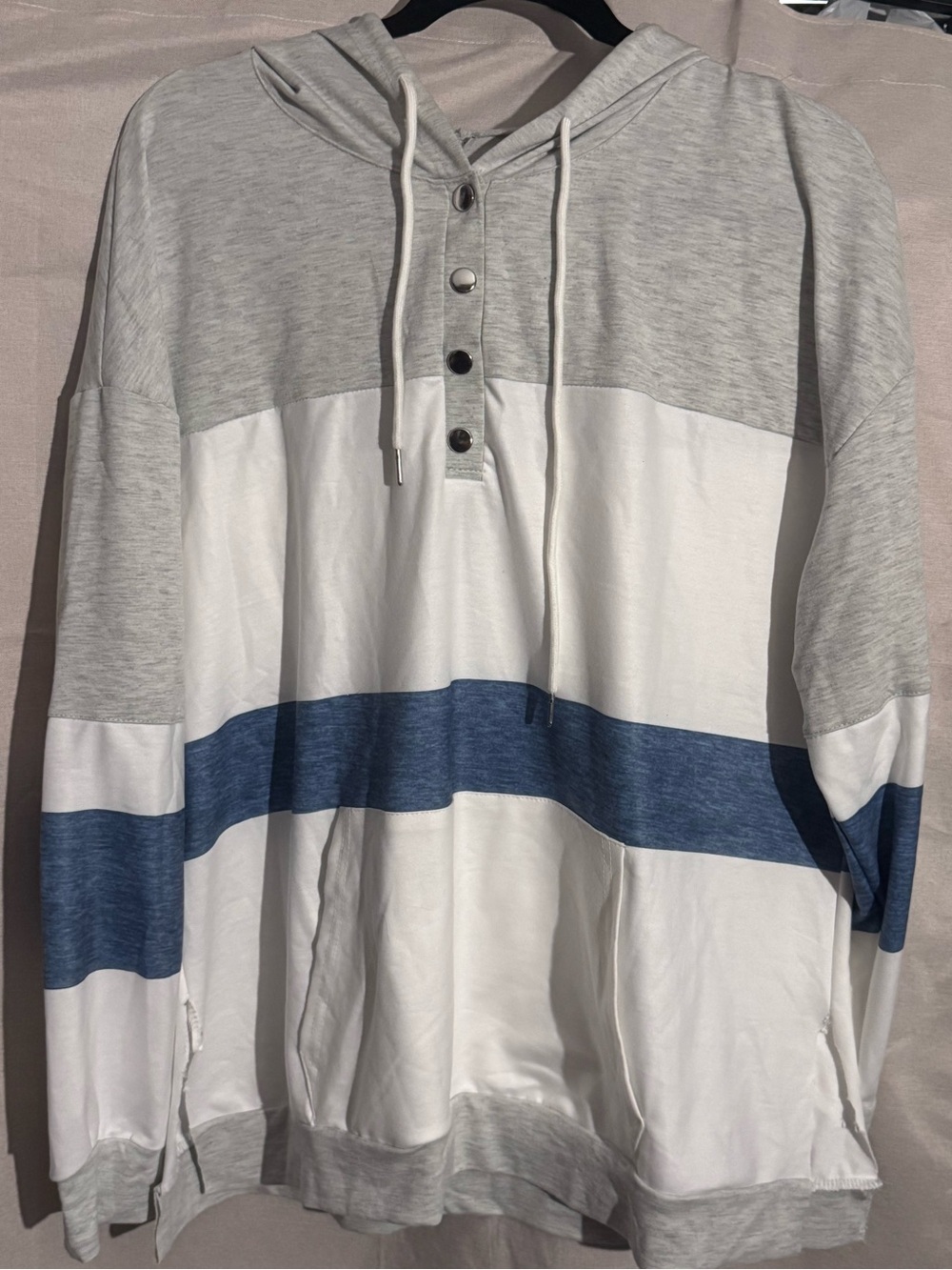 Men's Hooded Henley Shirt - Grey, White & Blue Stripe size XL new